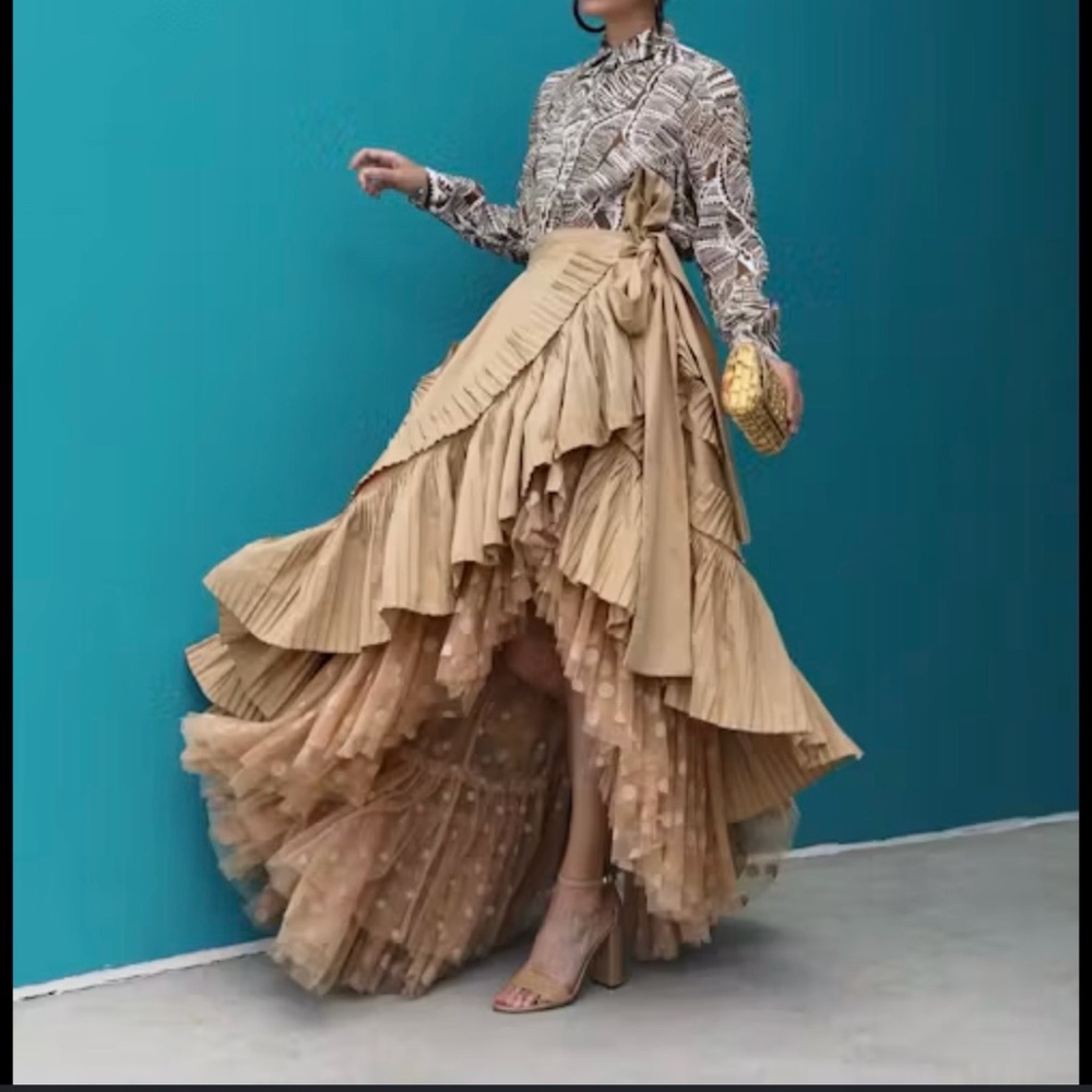 Tiered Ruffle Maxi Skirt in Camel